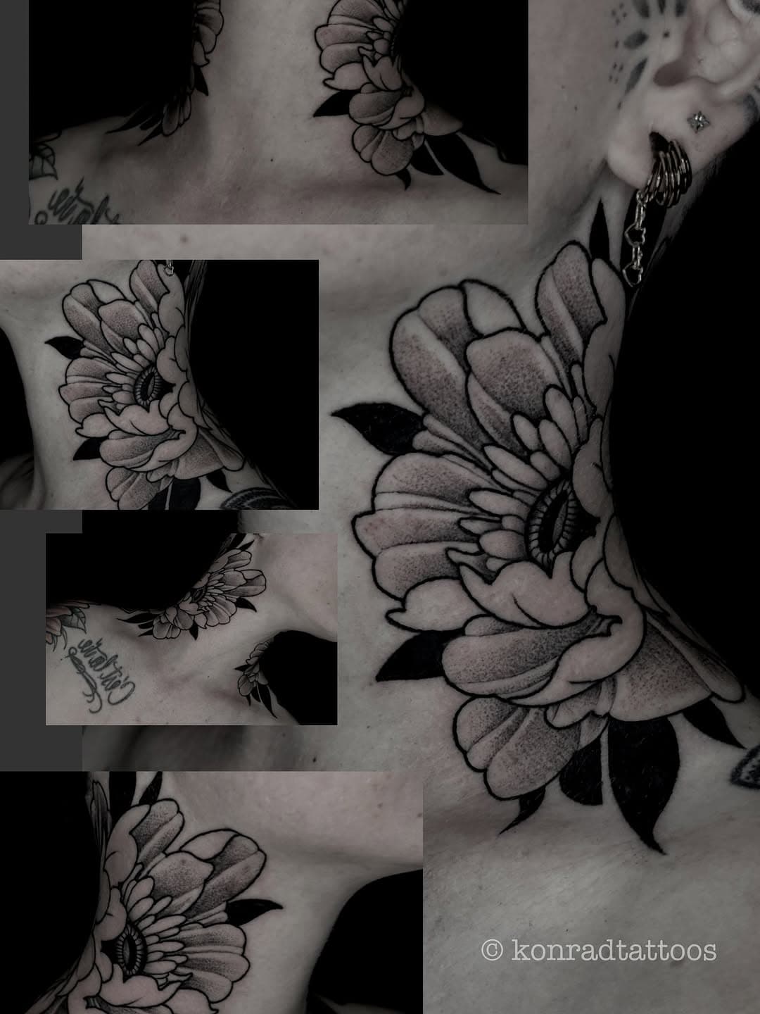 Black and grey floral tattoo featuring large peony blooms with bold outlines and dotwork shading wrapping around shoulder and chest