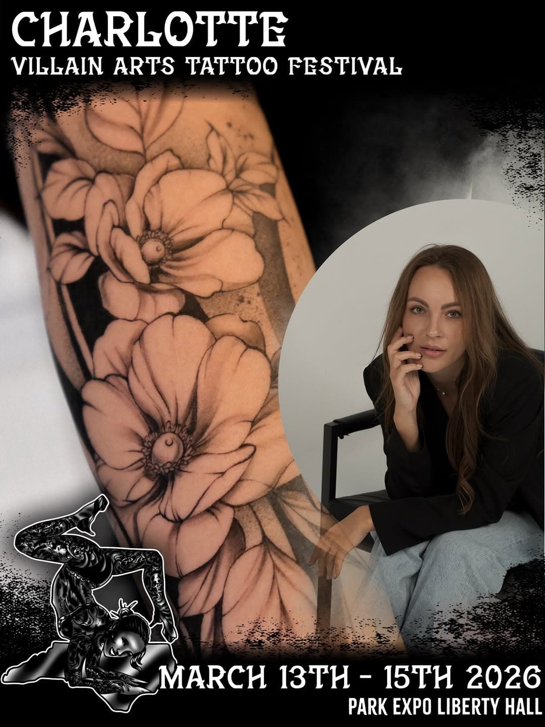 Floral arm tattoo featuring realistic black and gray flowers with fine line work, displayed alongside artist portrait at Charlotte Villain Arts Tattoo
