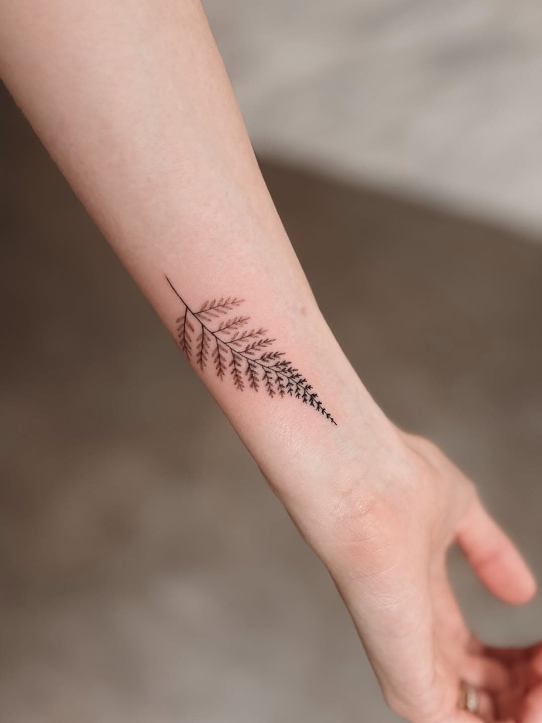Delicate fern branch tattoo in fine line dotwork style on inner forearm, featuring detailed botanical leaves in black ink