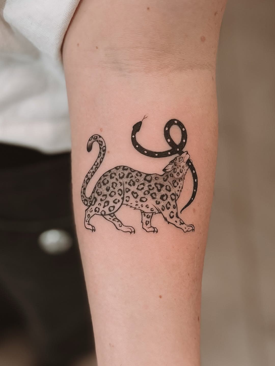 Black ink tattoo of a leopard with spotted pattern and two snakes intertwined above it on forearm in dotwork illustrative style