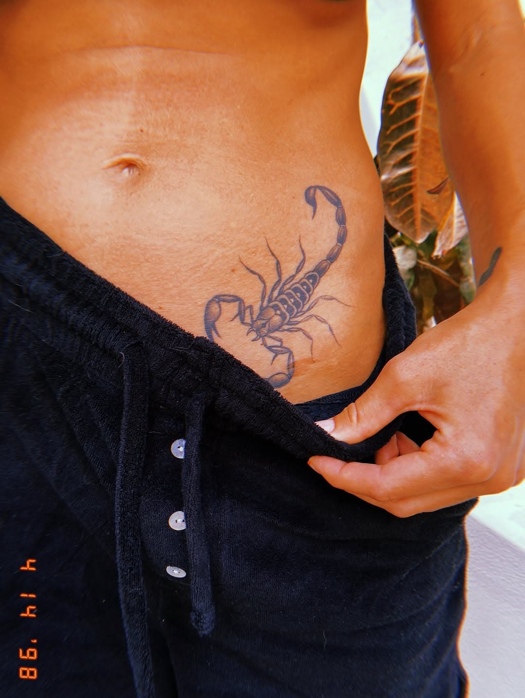 Black and gray scorpion tattoo on lower abdomen featuring detailed dotwork shading and realistic anatomical details