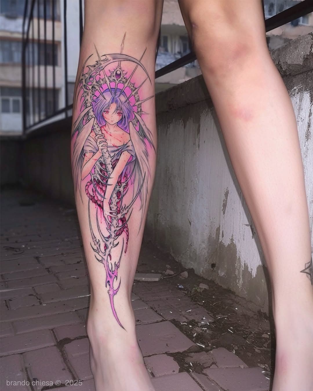 Anime-style figure with purple hair and ornate headdress in pink and purple tones, tattooed on calf with flowing skeletal details below