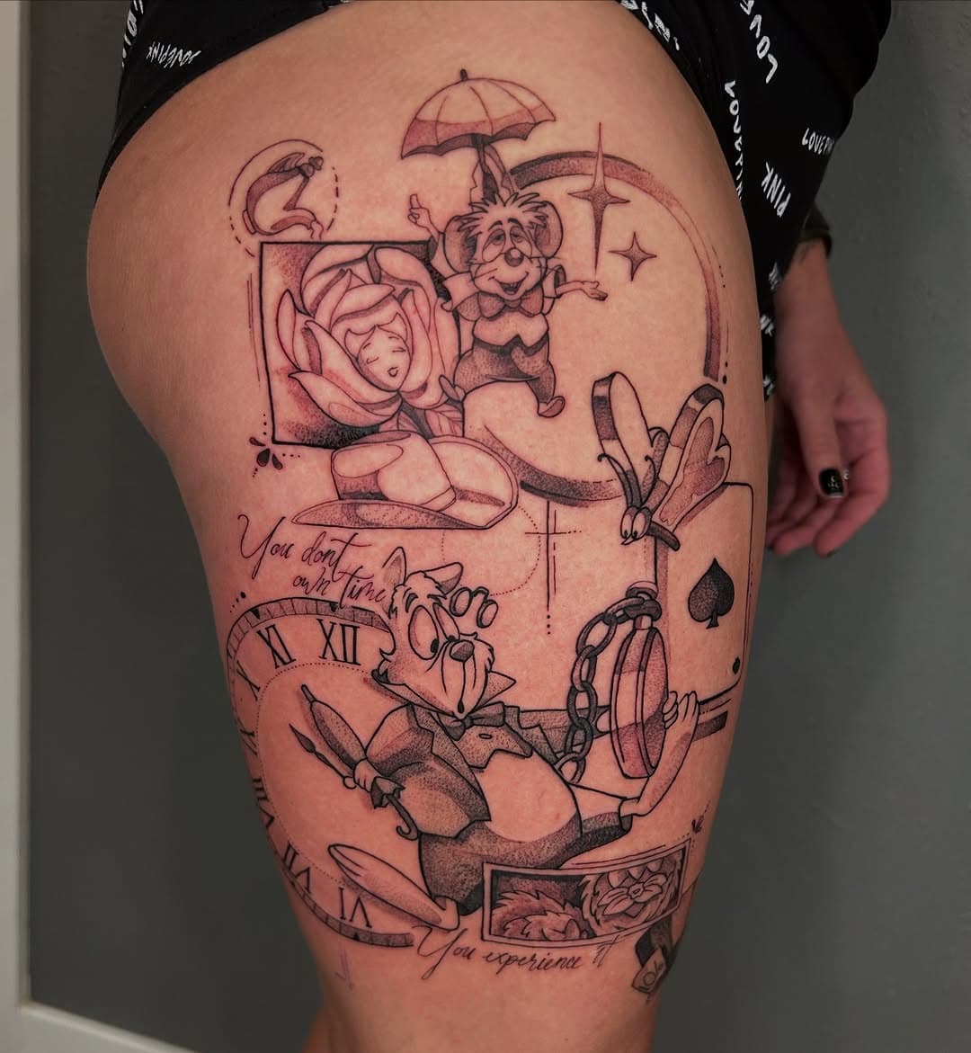 Alice in Wonderland-themed thigh tattoo featuring the Mad Hatter, White Rabbit, Cheshire Cat, teacups, clocks and decorative elements in black linewor