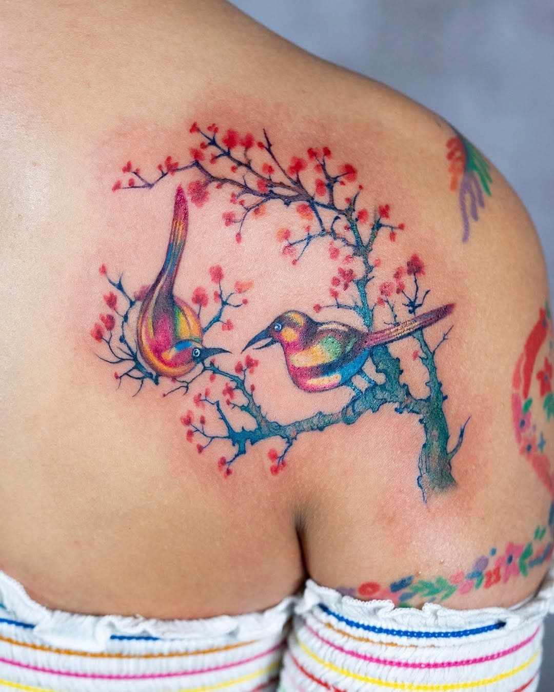 Two colorful birds perched on cherry blossom branches with pink flowers in a watercolor illustrative style tattooed on upper back