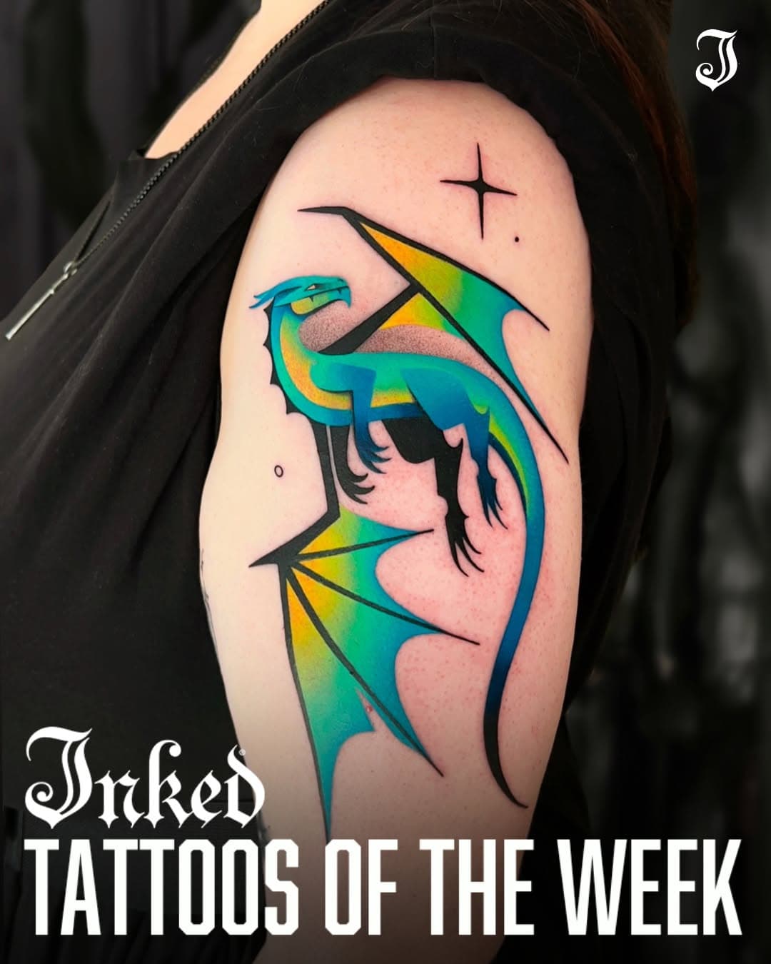 Colorful neo-traditional dragon tattoo on upper arm featuring turquoise, yellow and green gradient colors with geometric star accent