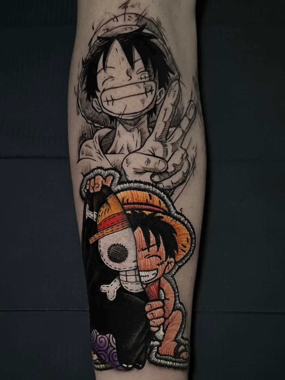 Illustrative neo-traditional tattoo of anime character Luffy from One Piece in two poses - cheerful above and chibi style below with straw hat and pir