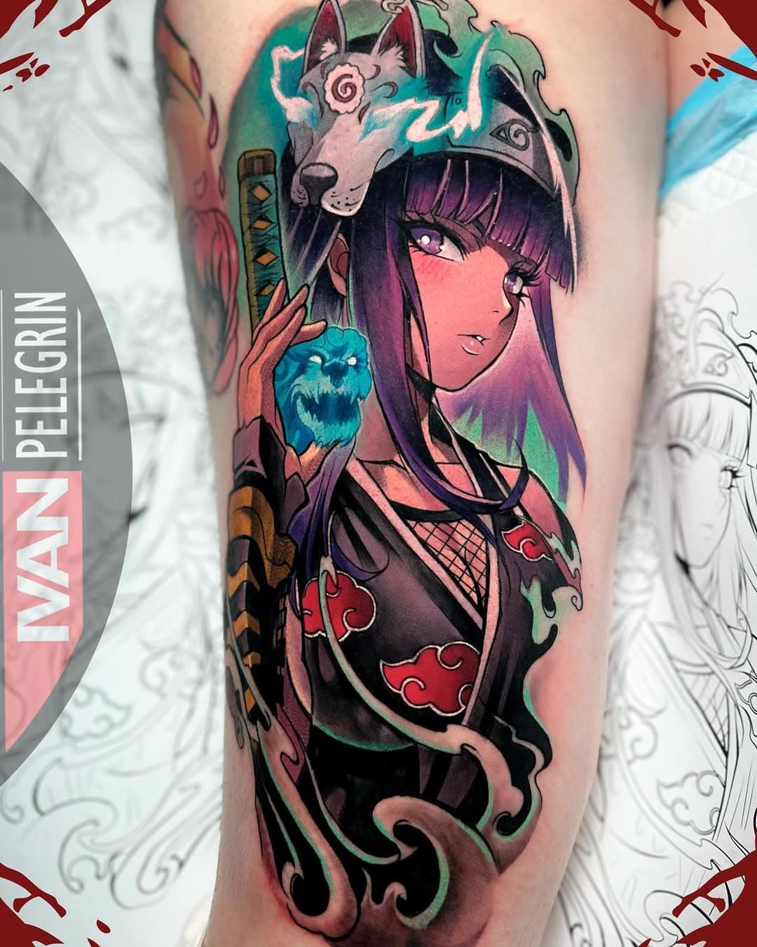 Vibrant neo-traditional tattoo of anime-style woman with purple hair wearing Akatsuki robe, accompanied by wolf headdress and Japanese elements